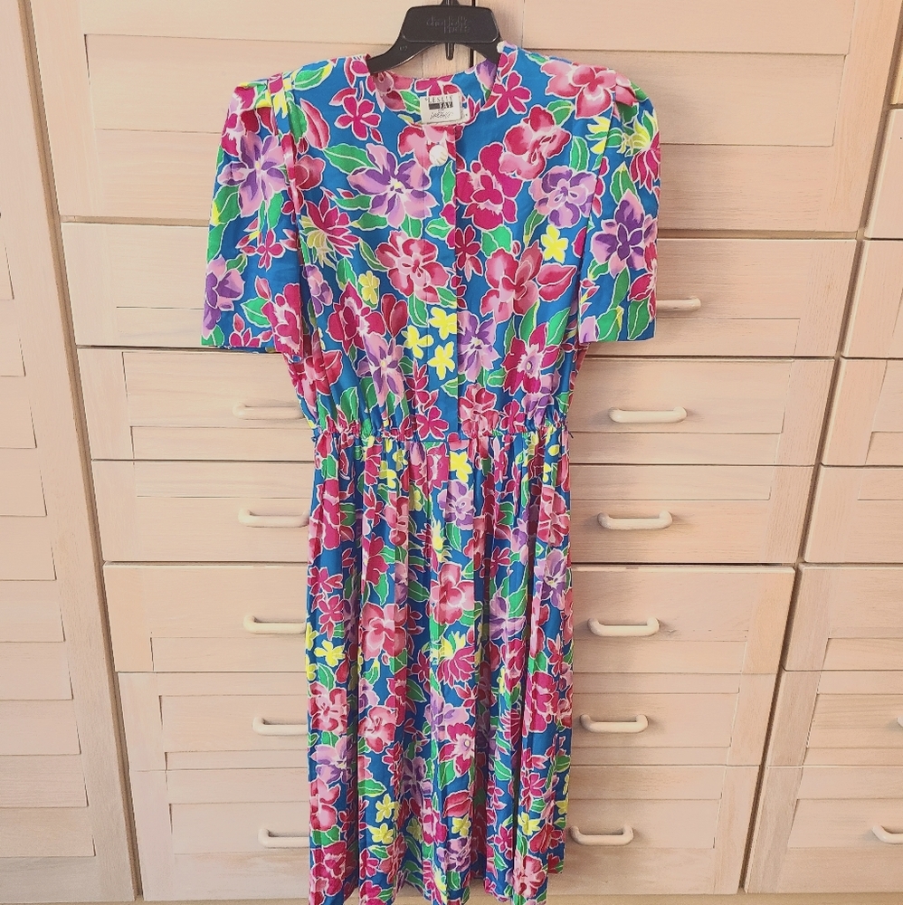 1980s Big Shoulder Floral Dress Size 14
